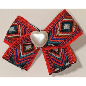 Boucle à barrette : rouge motif bleu/blanc